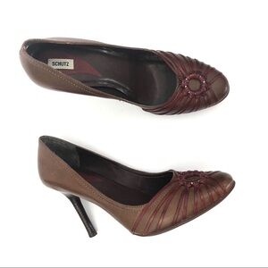 Schutz cognac brown red stacked stiletto heels round toe pumps 9